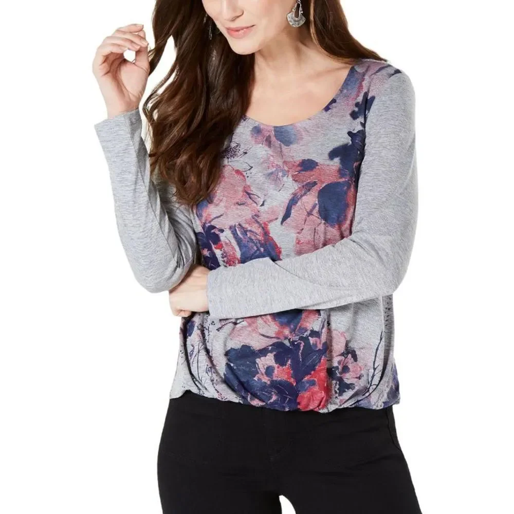Style & Co. Womens Gray Floral Bubble Hem Shirt T-Shirt NWT